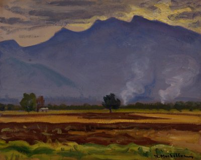 Sunset with Parnassus in the Background — Oil painting, Fiberboard, 40.00×50.00cm — Theodoros Markellos